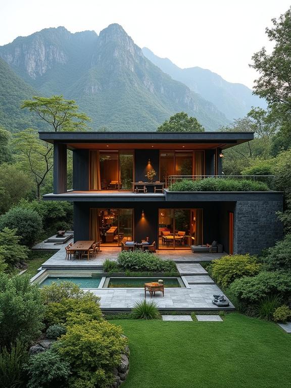 Modern two-story villa in a lush green landscape with a mountain backdrop. The house has natural wood and dark stone, large glass windows, landscaped terrace garden, and outdoor seating. Surrounded by nature, offers luxury and tranquility.