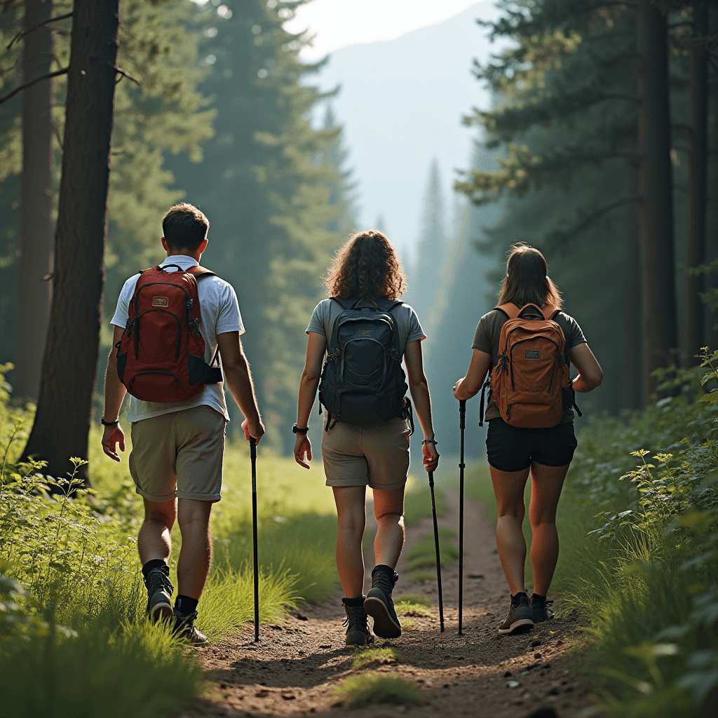 Three hikers walk on a sunlit forest trail, surrounded by tall trees and lush greenery.