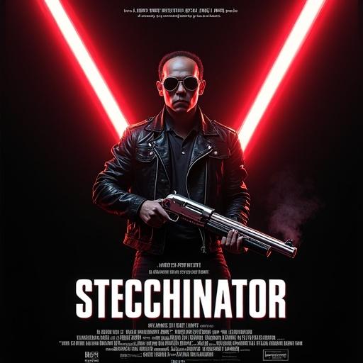 Poster of a retro futuristic 1980s film with neon red laser beams and a black background. Central character 'Stecchy' in a leather biker jacket and sunglasses holds a pump-action cue resembling a shotgun. Title 'STECCHINATOR' in chrome letters. Bold writing underneath. Production titles at the bottom. Classification box in lower right corner with R rating. Glossy 8K rendering with saturated colors.