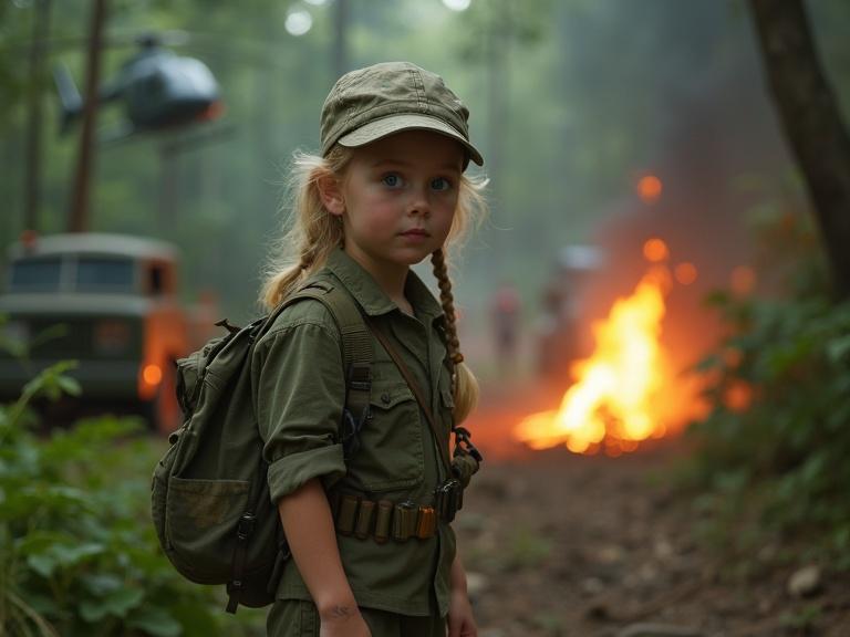 A twelve-year-old blonde girl stands in green explorer attire in a jungle camp. Background shows tents helicopters and military vehicles. A fire is burning nearby. A Korean young woman gestures near the campfire. There are military personnel in the scene.