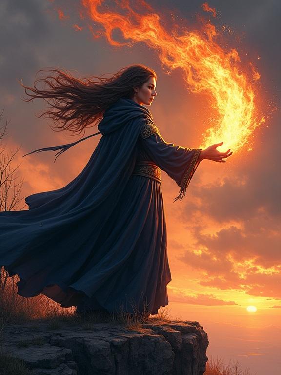 fierce female sorceress casting fireball wind blowing cloak and hair runes glowing on arms standing atop cliff twilight cinematic rim lighting