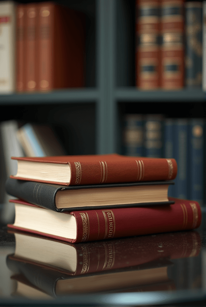 A stack of three elegantly bound hardcover books on a reflective glass surface, with a bookshelf filled with more books in the blurred background.