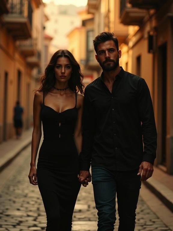 Cinematic shot of a dark-haired Italian woman in a fitted dress walking through an urban street alongside a handsome man. The scene has dramatic lighting and warm tones. Both individuals stare directly into the camera amidst a city atmosphere.