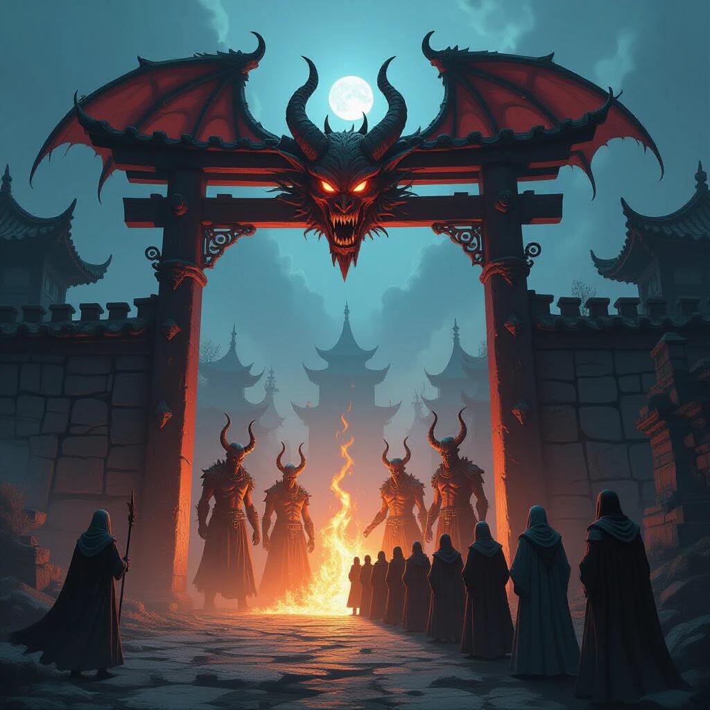 Demonic gate floats in the air with five imposing demons guarding it. Sorcerers stand in line before the gate illuminated by fire. The scene is shrouded in an eerie, mystical atmosphere.
