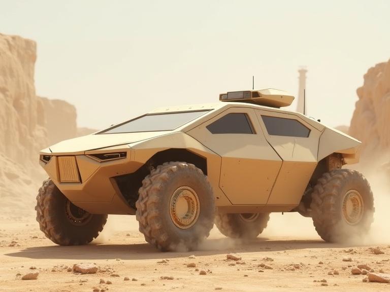 Image of a sleek beige polygonal sci-fi military APC vehicle. Setting is a white sunny desert with stone city ruins. The scene includes dust with realistic details, shadows, and textures.