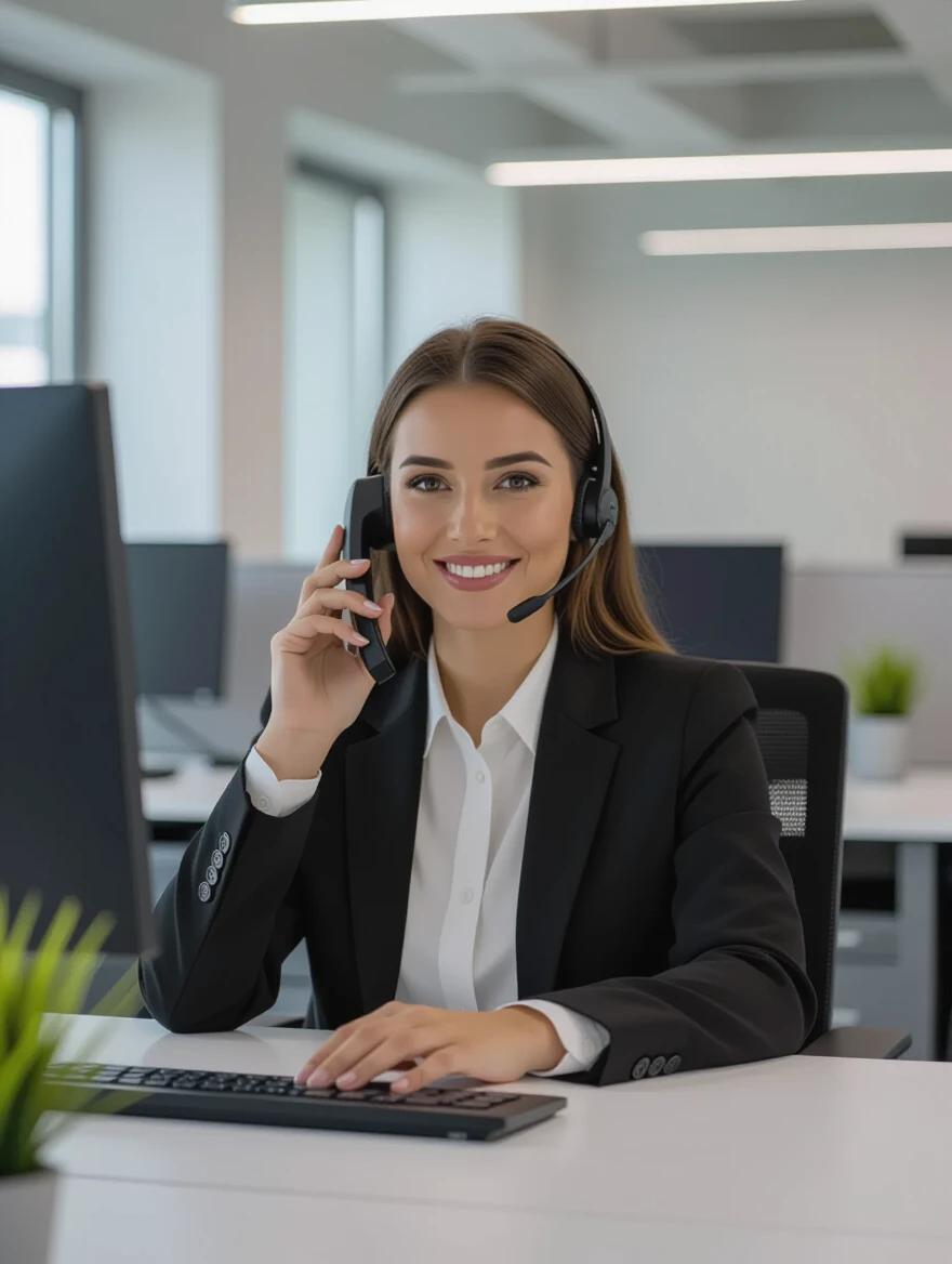 Professional employee using a cordless phone in a modern office. Desk has a computer and clean design. The lighting is soft and natural. Employee wears business attire and shows professionalism.