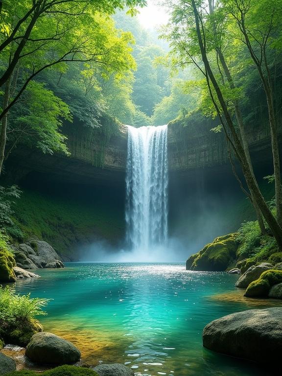 Serene waterfall scene set in a lush forest. Waterfall cascading down a tall rocky cliff. Vibrant turquoise pool at the base. Water flowing steadily with misty spray. Dense tall trees surrounding the area. Greenery reflecting in the clear water. Gentle ripples on the pool's surface. Moss-covered rocks scattered around. Tranquil and vibrant atmosphere.