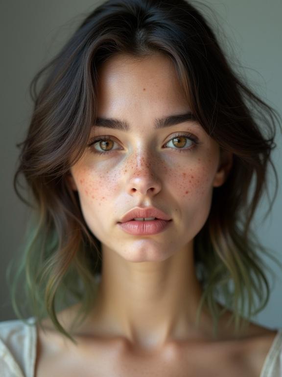 Photorealistic front-facing portrait of a striking young woman. She has an oval face and a serene, introspective expression. Direct gaze into the camera. Dense freckles across the nose and cheeks. Large almond-shaped hazel eyes with a dark limbal ring. Thick feathered dark brown eyebrows. Softly parted full lips with a sculpted cupid’s bow. Luminous fair skin with a soft texture. Shoulder-length dark brown hair with muted ashy-green dip-dye, tousled waves, off-center part. High-key tone against a light gray backdrop. Hyper-detailed capture using 8k resolution and shallow depth of field.