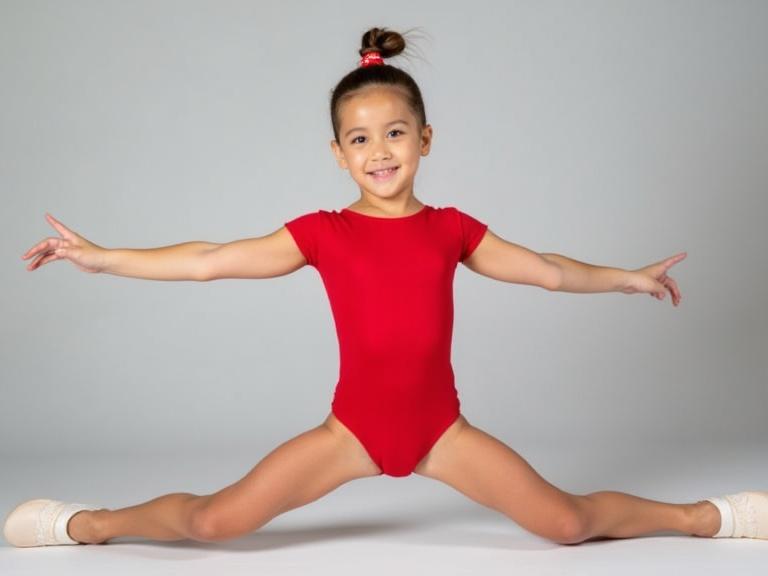 Backgroundless image shows an 11-year-old European gymnast wearing a solid red short-sleeved leotard. She is performing a split. The pose showcases flexibility and strength.