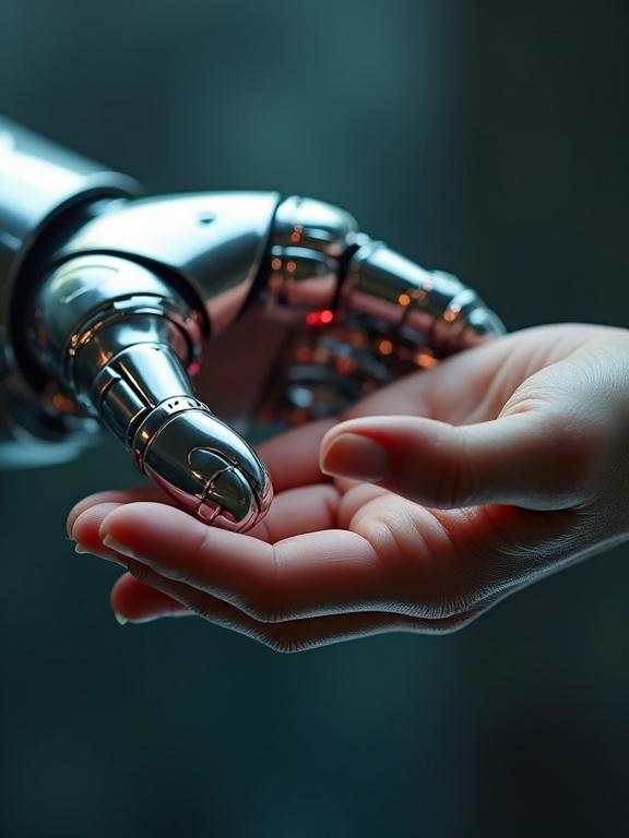 Macro shot of a human girl's hand held in a sleek metallic android hand. Ultra close-up of fingertips touching. Visible skin pores and tiny hair. Chrome and matte textures blending. Subtle reflections of colored ambient lights. Glowing lines under the robot's skin. Shallow depth of field. Hyperrealistic detail.