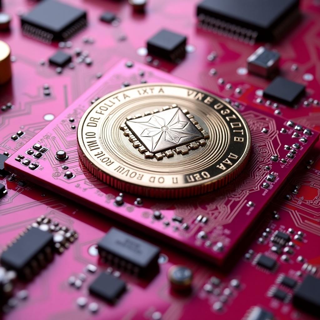 Digital diamond coin on a pink motherboard. Close-up view showcasing the coin's details against circuit elements.