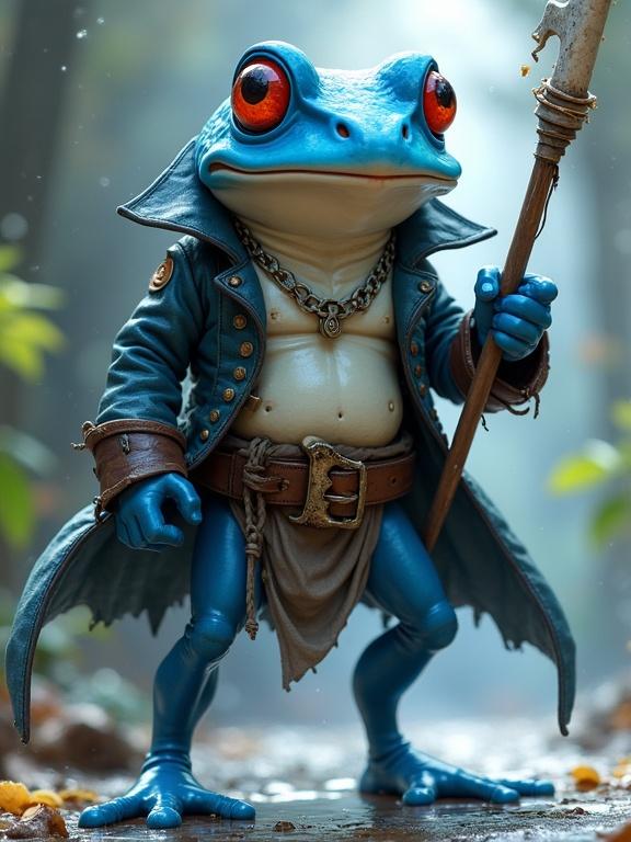 A blue humanoid frog with a white belly stands in a dynamic pose resembling a pirate. It wears pirate clothing and holds a staff. This character is design inspired by fantasy themes.