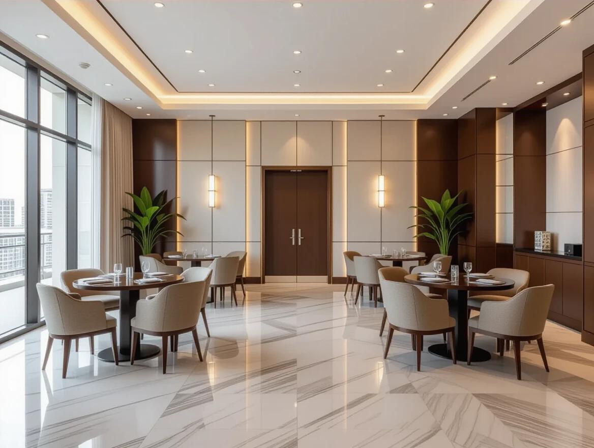 Wide multipurpose hall with luxurious interior. Spacious layout with five round tables and four chairs each in two neat rows. Large clear spaces between tables on polished flooring. Soft ambient indoor lighting. Minimal elegant wall design with dual washroom entry at back. Clean organized environment and photorealistic representation.