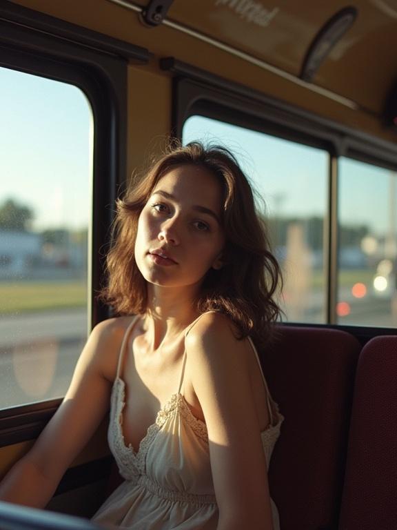 Girl sitting in a bus with sunlight illuminating her face. She has wavy hair and a soft expression. The bus has a warm, vintage ambiance with soft colors and natural lighting.