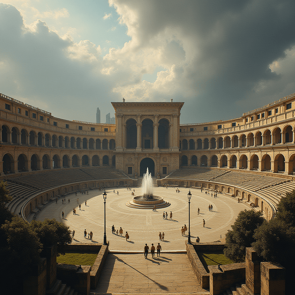 A grand circular courtyard with a central fountain, surrounded by a multi-storied colonnaded structure, under an expansive sky with dramatic clouds.