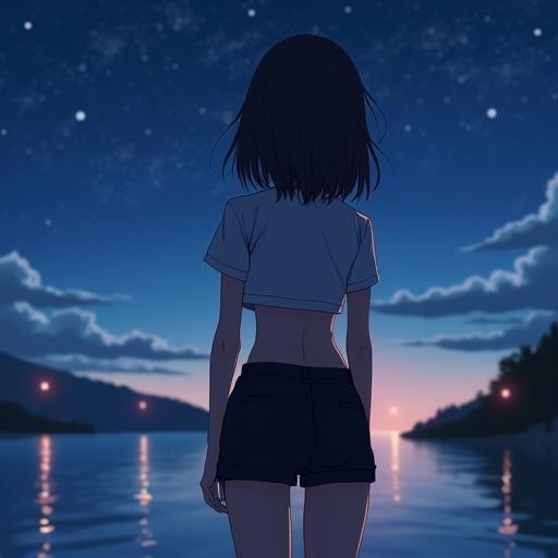 Anime girl standing by the water at night wearing black shorts and a cropped top. The scene includes a serene lake and a starry sky. Focus is on the girl’s silhouette as she gazes into the distance.