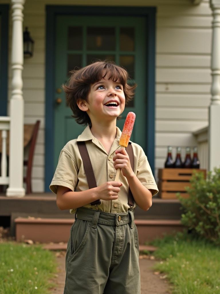 11 year old boy named Frank in playful backyard setting. He holds a stick with a frozen treat, looking delighted. Vintage feel with old porch and wooden crate. Bright colors and nostalgic atmosphere.