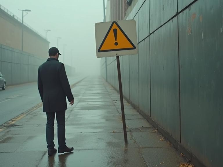 First frame and last frame of video. Person blindly following AI. Warning sign in the air. Urban setting shrouded in fog.