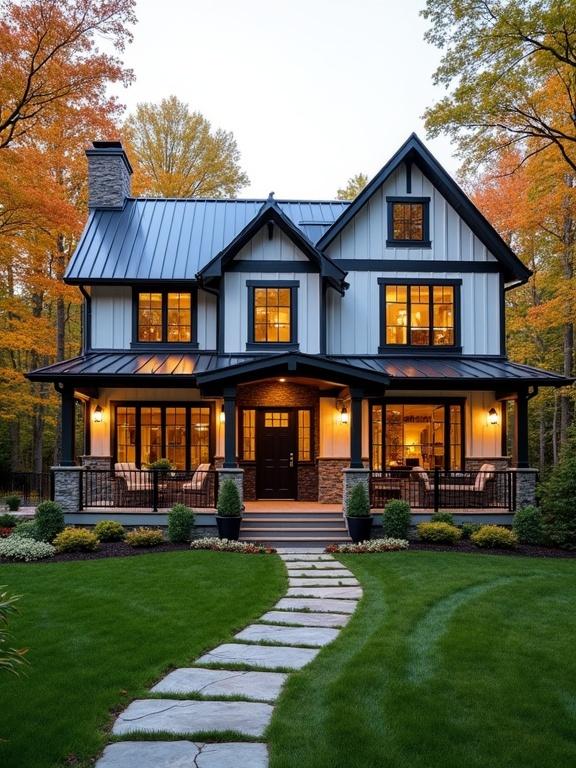 A modern farmhouse stands in a green landscape during autumn. The house has a black roof, white sides, and stone accents. Warm light shines through large windows. A stone path leads to the front porch with railings and light fixtures. The garden is beautifully landscaped.