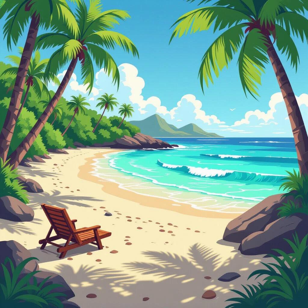 Illustration of a deserted tropical beach scene. Features palm trees. Includes a wooden lounge chair on the sand. Waves gently crashing on the shore. Bright blue sky with clouds. Ideal for coloring activities.