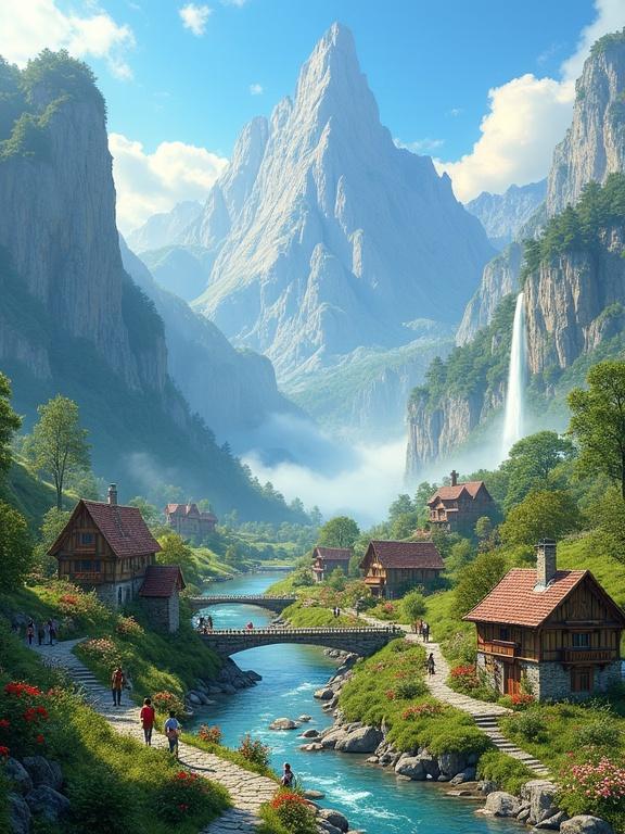 A bright sunny fantasy landscape featuring floating mountains and waterfalls. Below, a peaceful valley village with wooden cottages. People walk along stone paths. Children play. The scene is illuminated with sunlight and surrounded by vibrant flowers.