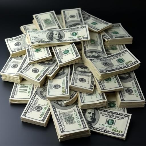 A large pile of US dollar bills arranged neatly on a dark surface
