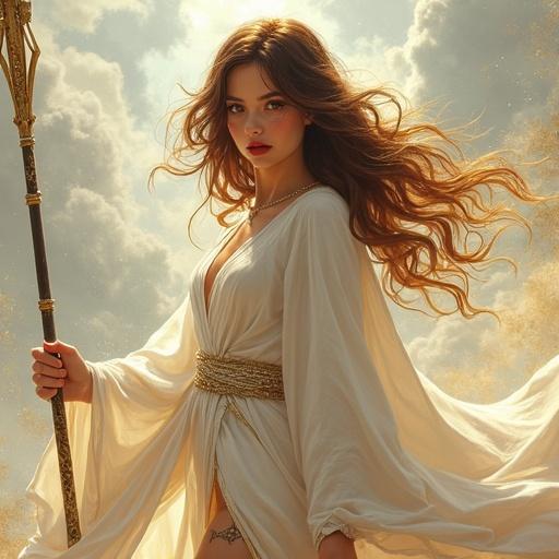 Generate an image of a girl with a spear in anime art style with expressive textures and photo-realistic techniques. Use vibrant colors, 32k resolution, and dynamic brushwork. She has brown hair with yellow tips and a queen-like white robe with armor elements. Show golden tattoos on her leg, short hair over shoulders, and two hands with five fingers each. She has dark eye makeup and red lipstick, embodying an elegant goddess look. Include fantasy elements in the background and enhance golden colors, with an evil and seductive expression.
