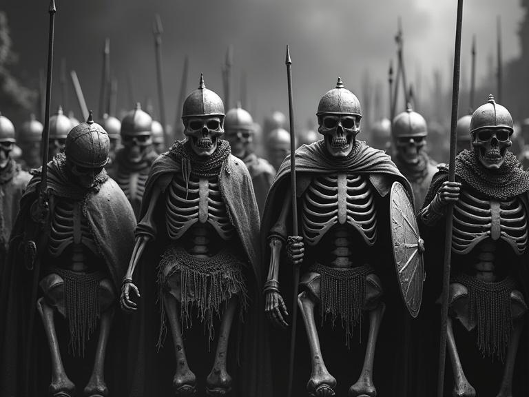 Chiaroscuro shot of a skeleton army with 17 units in formation. Skeletons in various types of armor including full plate and chainmail. They wield shields, swords, axes, and spears. Lighting creates strong contrasts with dark shadows and highlights, emphasizing their details. Skeletons depicted with varying degrees of armor, some partially exposed.