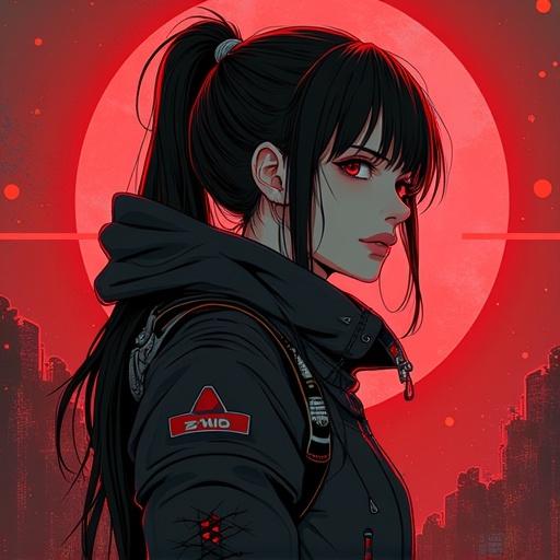 glo-fi anime art style with Z-Yuk character featuring gray black red palette
