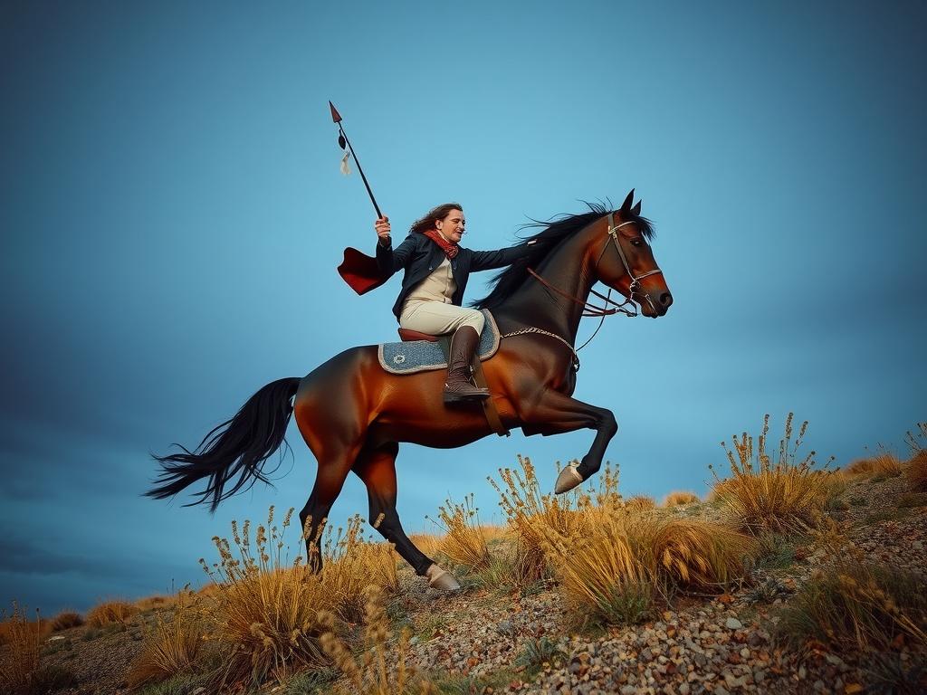 A person riding a galloping horse in a desert landscape under a vivid evening sky.