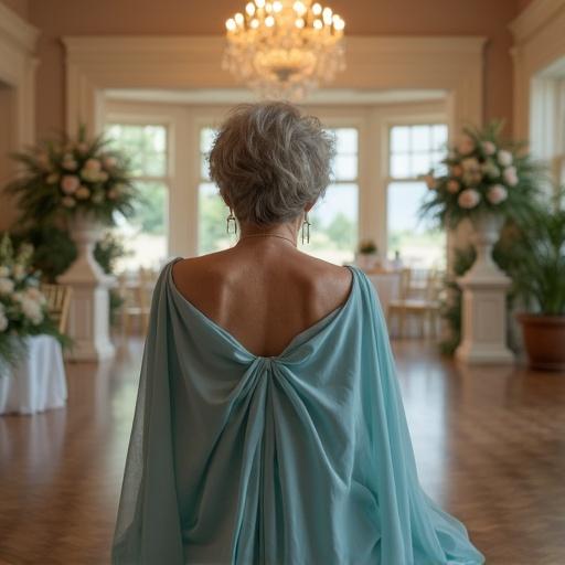A woman in her 50s sitting alone inside a wedding hall. She faces the camera. She wears a light blue gown. Her expression is sad and filled with deep reflection. The surroundings are festive. She looks emotionally distant and lost in thought. Her eyes show pain against the joyful atmosphere.