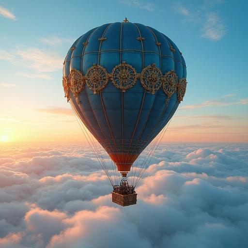 Professional photograph of a beautiful steampunk hot air balloon floating above the clouds. Vibrant deep colors of blue and gold dominate the scene. Captured in a dreamy atmosphere. Magic of flight under a sunset sky.