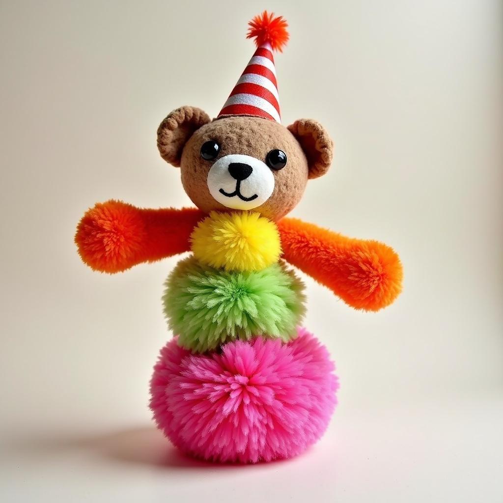 Brightly colored pom pom bear toy. Bear-like face on top. Party hat placed on head. Three stacked colorful pom poms. Long colorful arms draping down.