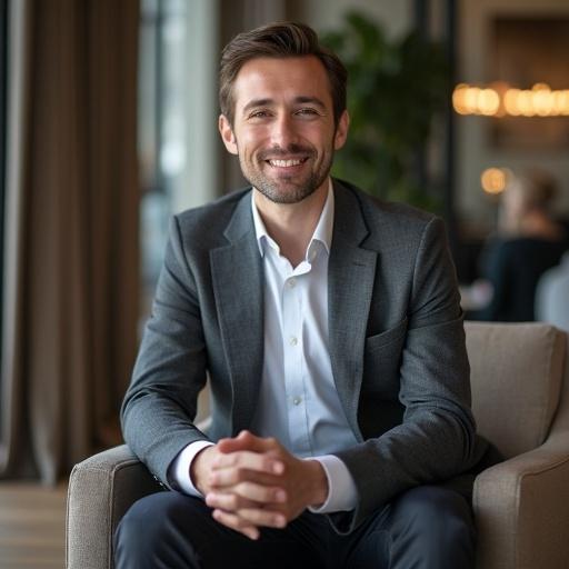 Realistic photo of a person sitting on a modern chair. The person looks confident. Dressed in a business casual outfit. Context is a modern office or real estate showroom. Natural and cinematic lighting. Emphasis on ultra-realistic skin texture.