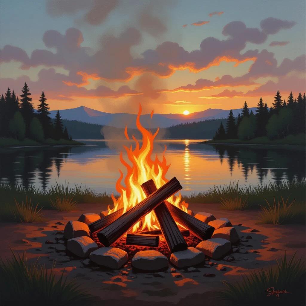Realistic oil painting depicting a bonfire with flames surrounded by stones. Background shows a serene lake reflecting sunset colors with mountains and trees. Canvas with textured appearance.