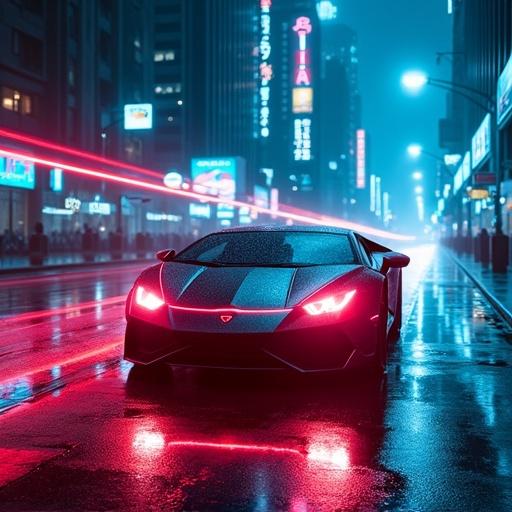 Futuristic city with neon lights in 2095. A Lamborghini drives through glistening streets. Bright blue and red lights create a cyberpunk atmosphere. Skyscrapers have holographic neon signs. Rain falls on the asphalt, creating mirrors of color. The car's wheels glow bright and leave a laser trail.