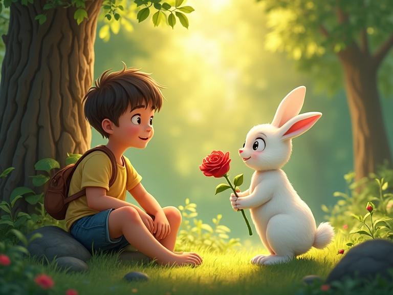 Cartoon scene featuring a young boy with innocent features. He wears a shirt and shorts and carries a bag. The boy sits on a rock near a tree, with sunlight touching his hand. He sees a rabbit holding a red rose, which it offers.