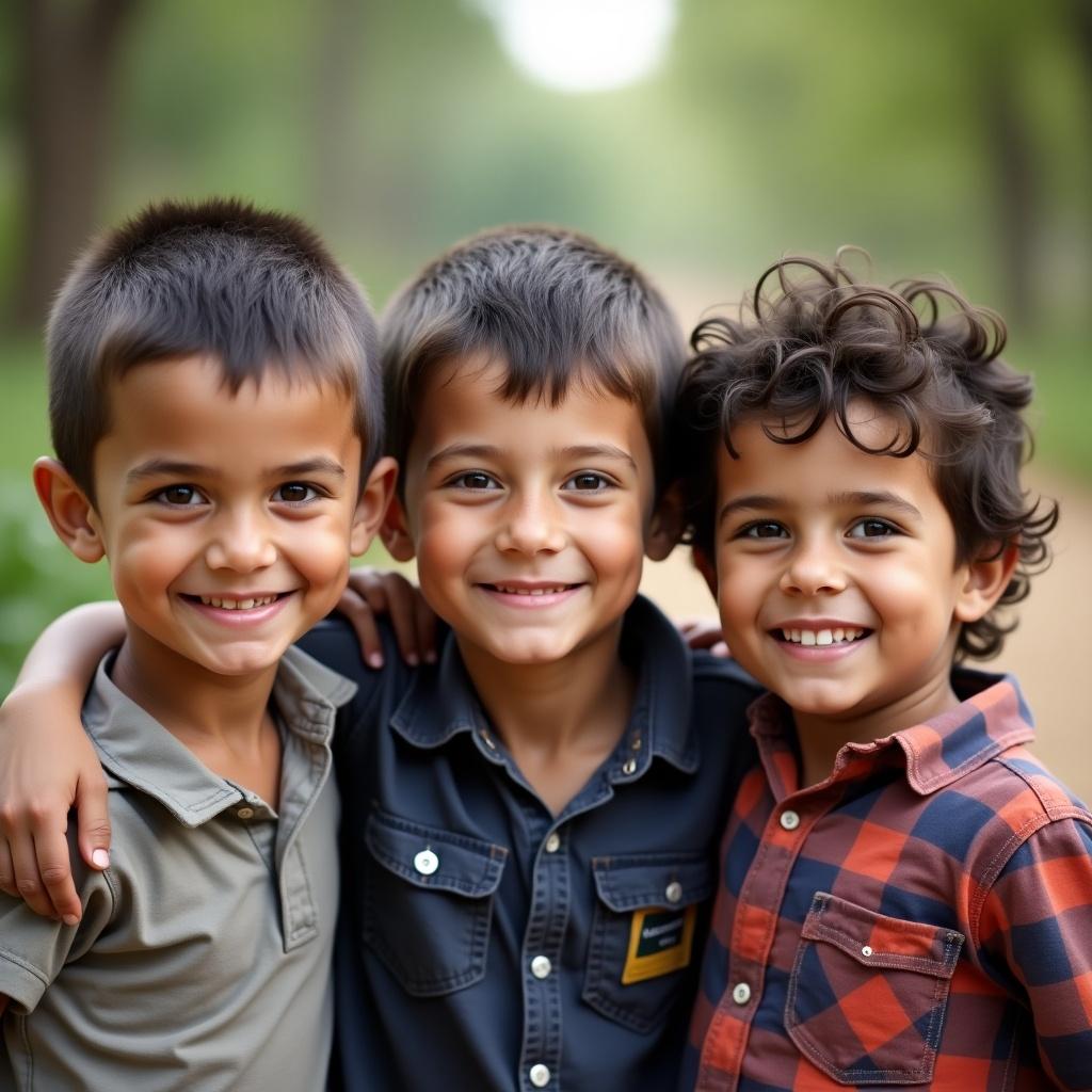 Three young boys smiling together in an outdoor setting. They are standing close to each other, showing happiness and friendship.