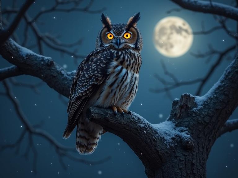 Dusky owl perches on ancient oak. Soft moonlight shines on owl. Clear, starry winter night.