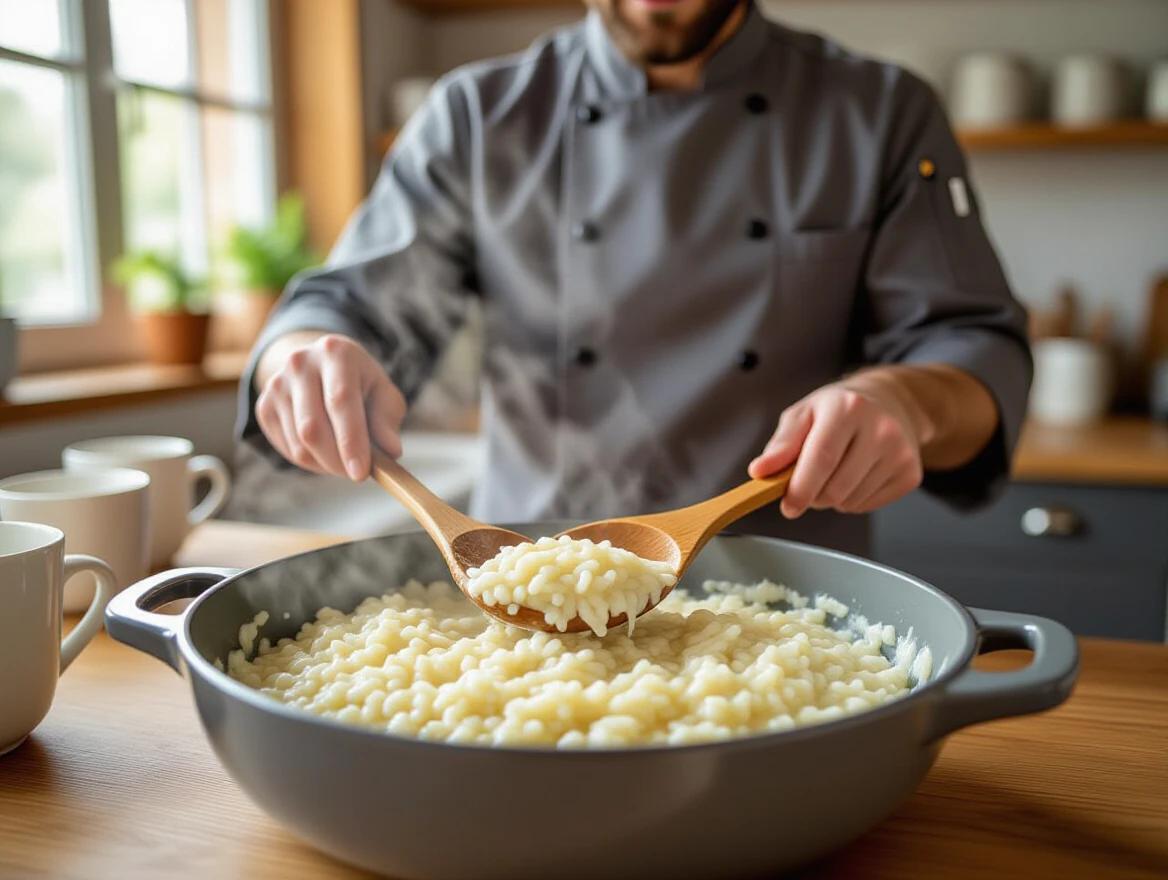 Close-up photograph of risotto stirred in gray ceramic bowl on wooden table. Steam rises from creamy risotto. Chef in gray coat stirs with wooden spoon. Kitchen background includes wooden cabinets and window. Natural daylight creates warm atmosphere. Risotto appears rich and velvety with visible grains of rice. Composition from side angle, bowl off-center.