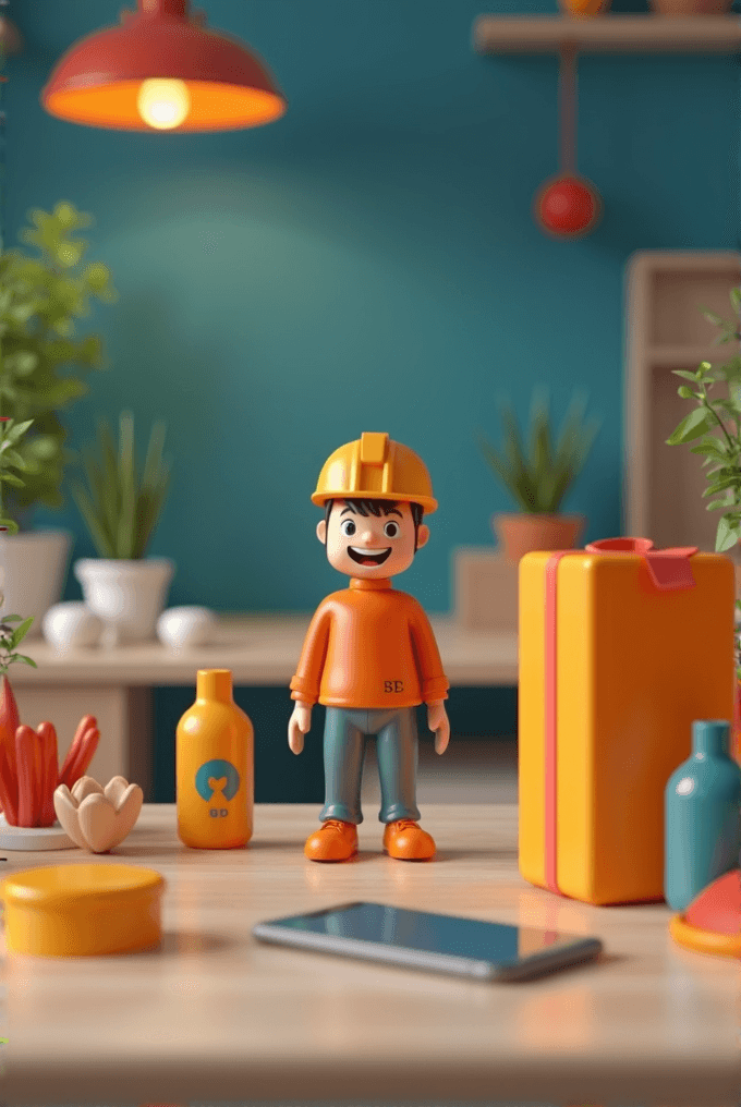 A toy figure in a hard hat stands surrounded by colorful bottles and plants on a tidy desk.