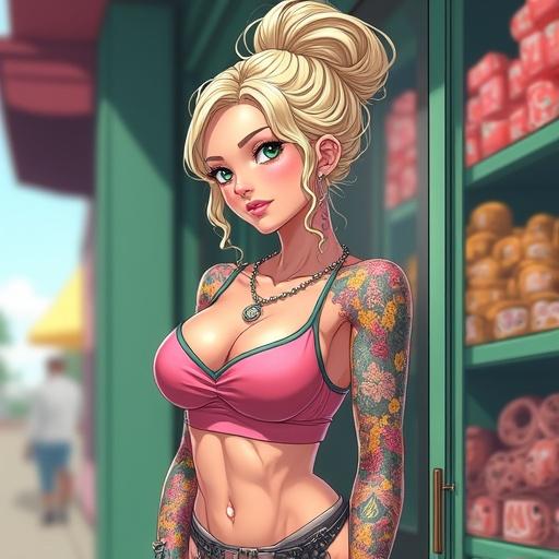 Anime character depicted as a beautiful woman with blonde hair and emerald green eyes. She wears light pink jewelry. Features modern bohemian streetwear with tattoos. Set inside a shopping environment. Bright and colorful ambiance. Aesthetic reflects a blend of cultures.