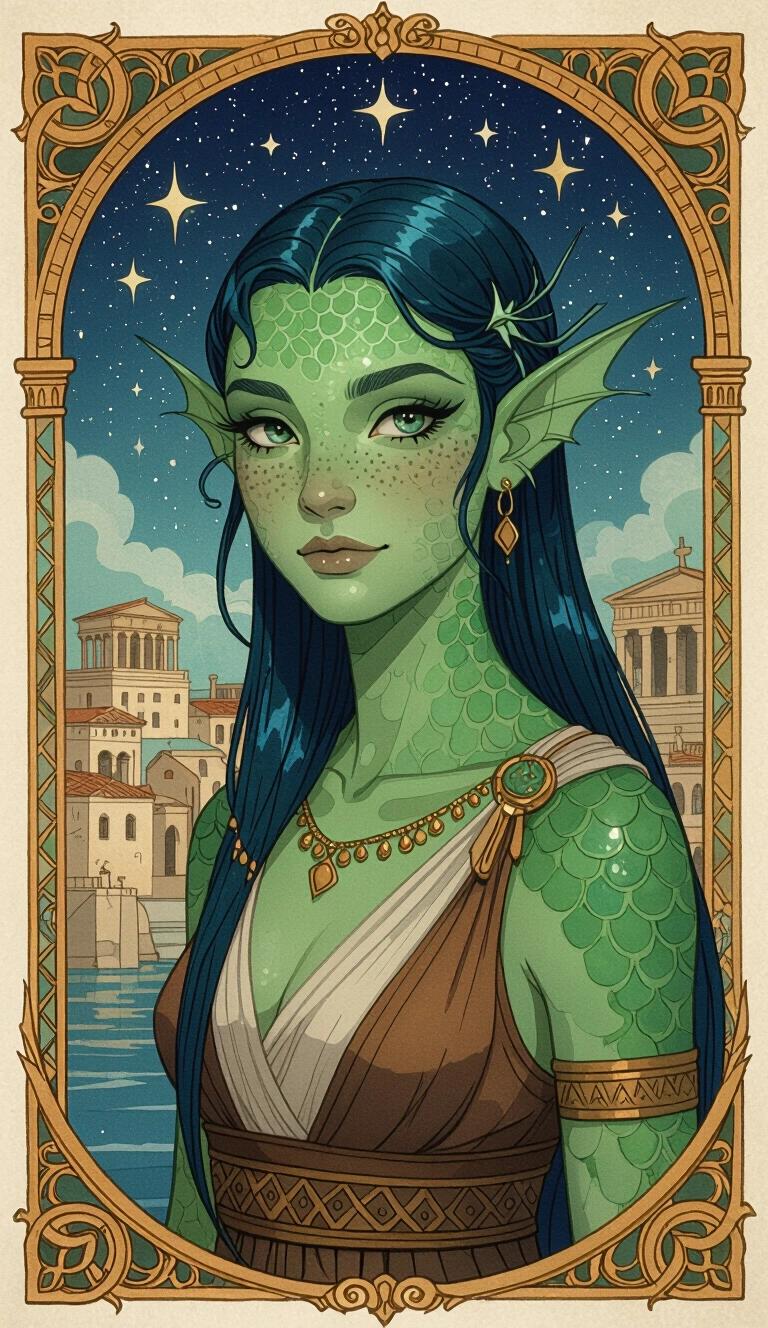 Dark watercolour illustration features a female Triton with finned fish ears and green-blue scaled skin. Background shows an ancient Grecian fantasy port city. Character wears ancient Greek-style clothing with long blue-green slicked back hair. She embodies a youthful appearance with scaled cheeks. Full body depiction showcases amphibian traits.