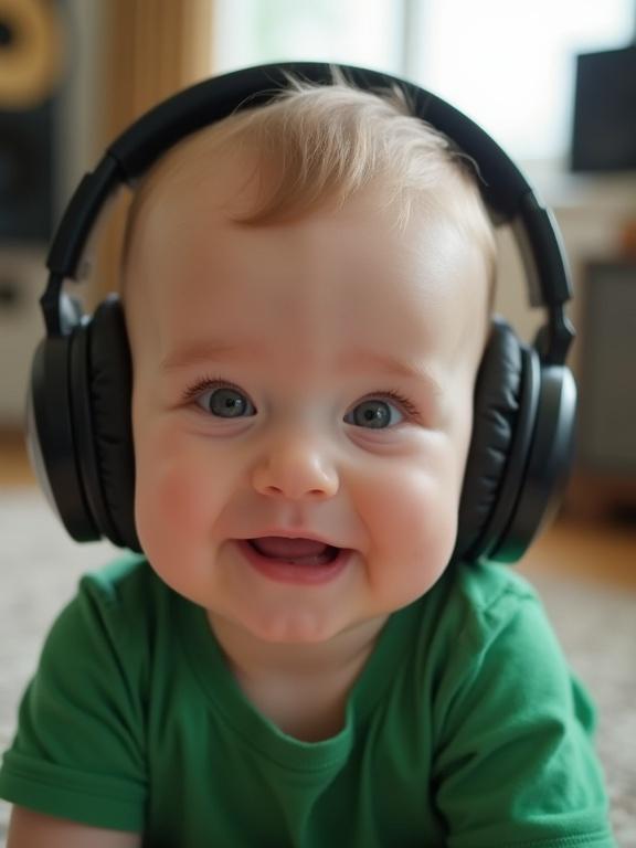 Close-up of a cute baby smiling with headphones. Baby wearing green clothes. Soft natural light highlights the face. Blurred music studio background.