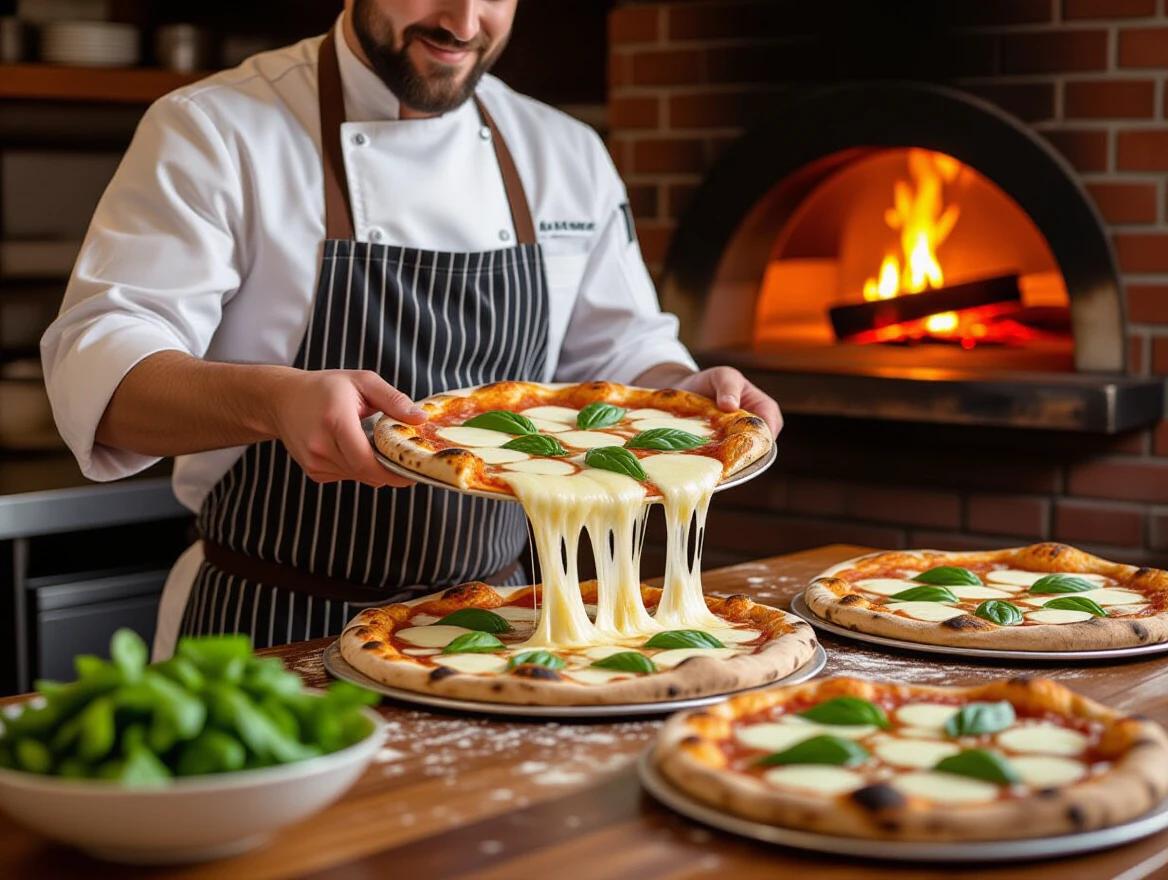 A professional chef in a white shirt and black apron lifts a freshly made pizza. The pizza has fresh basil leaves and melted mozzarella cheese stretching. A large brick pizza oven is in the background with flames. Multiple pizzas are on the wooden counter. A white bowl contains fresh green salad leaves. The scene has warm lighting creating shadows. The wooden counter shows a rustic appearance.