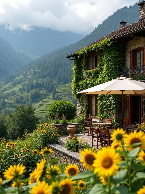 A stunning countryside villa is surrounded by vibrant sunflower gardens and lush greenery. The house has a stone and wood structure covered in ivy. A cozy outdoor patio features wooden furniture under a large umbrella. Beautiful terraced hills and misty mountains create a serene landscape, ideal for a retreat.