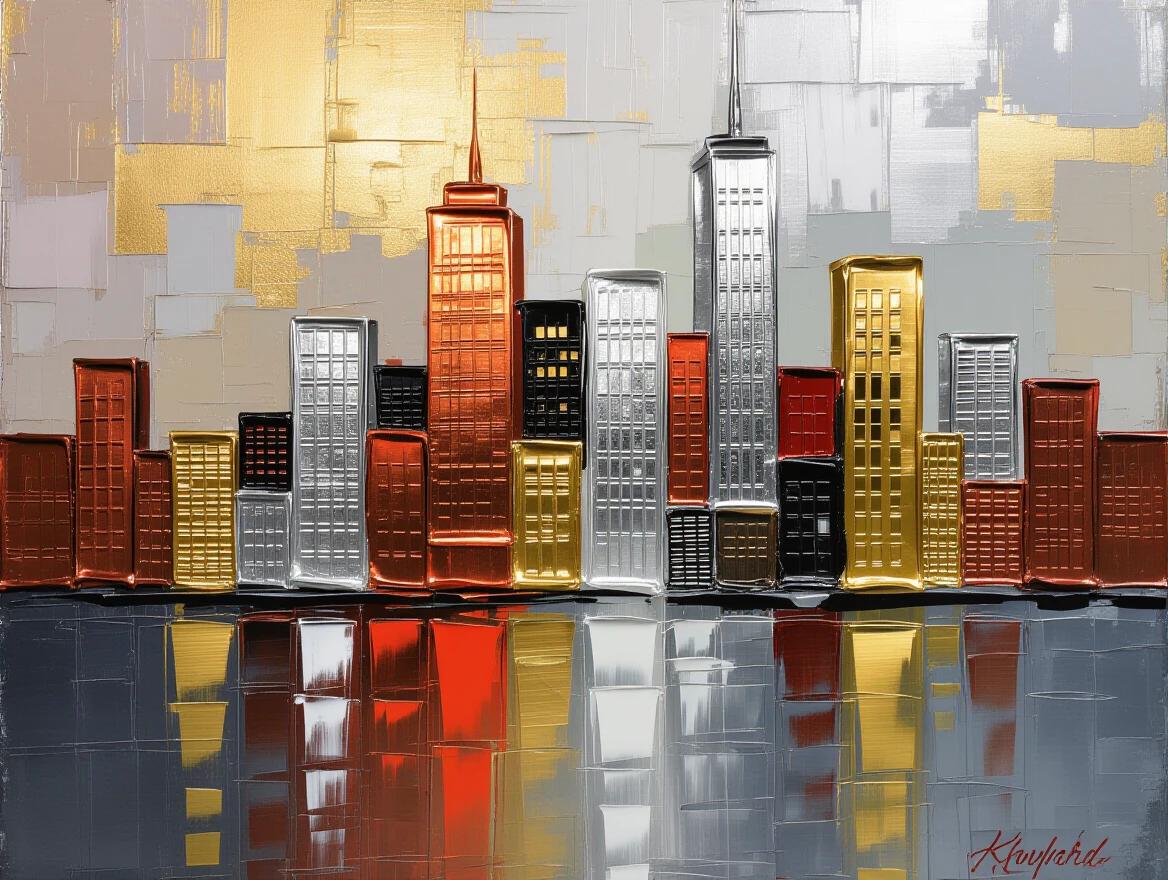 Impasto painting of a city skyline with thick layers of metallic pigments. Copper and silver leaf embedded in the paint. Contemporary urban art expresses a luxurious feel. Palette knife technique creates reflective surfaces. The artwork has a three-dimensional quality.