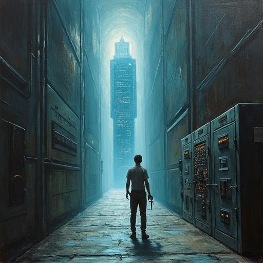 Oil painting featuring a person at a forked path in a dimly lit data vault. Left side shows a glowing tower labeled 'IA Propriétaire', sleek and imposing. Right side displays a complex machine labeled 'IA Locale', full of gears. Tension is palpable with light and shadows. Texture and detail emphasized.