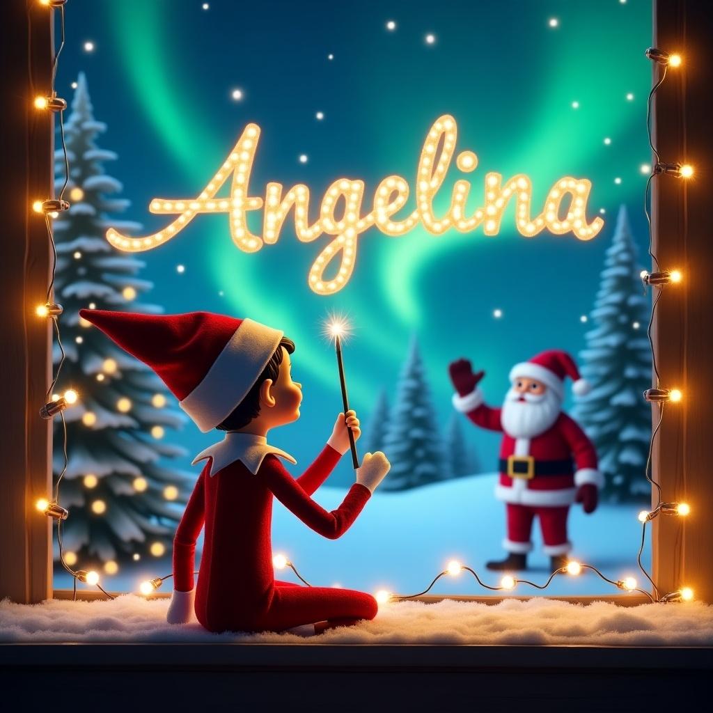 Magical Christmas evening with an elf on the shelf writing the name Angelina in glowing letters. Santa Claus waves in the background. The sky is lit by northern lights.