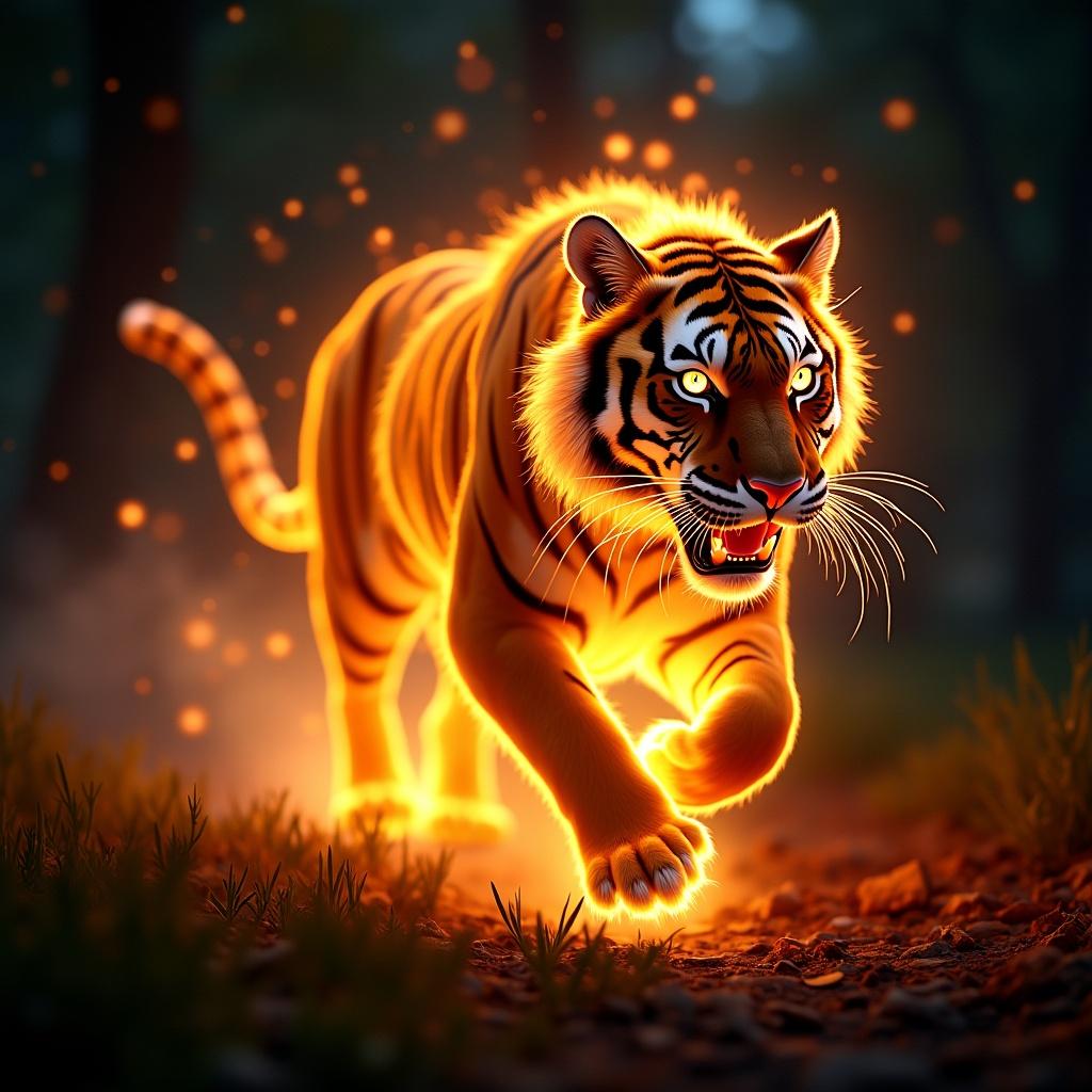 A glowing fire tiger runs through a dark forest. The tiger is surrounded by vibrant light effects and sparks. The image is photorealistic and cinematic in style.